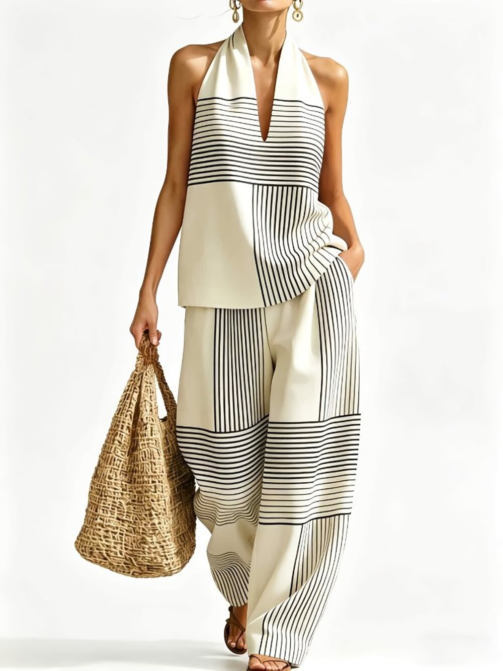 Ivory Black Striped Halter Top & Wide-Leg Pants Set XL - Picture 2 of 5